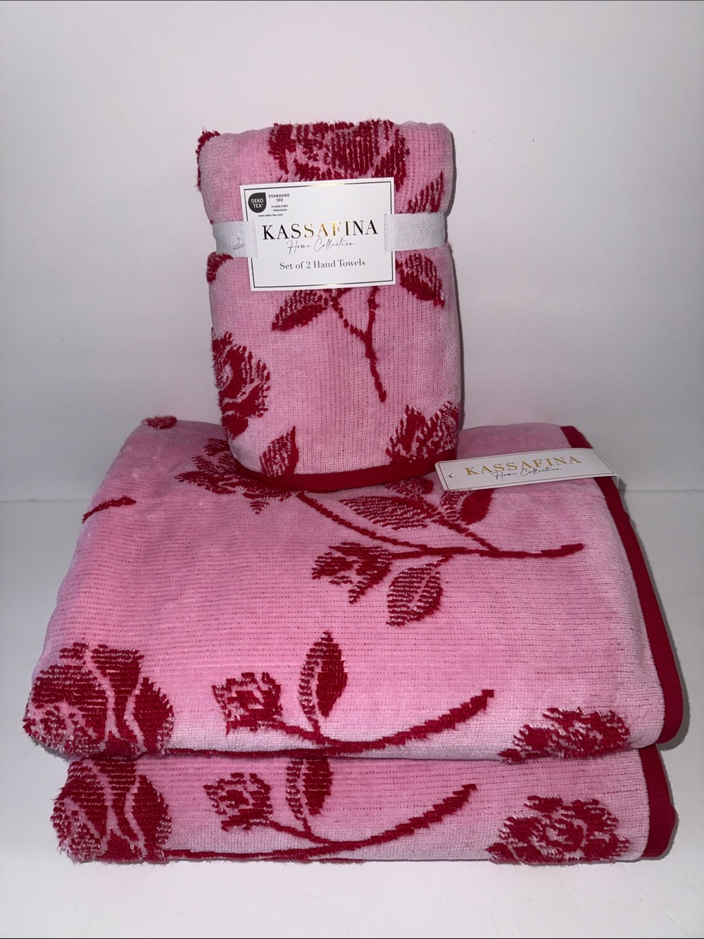 NWT Kassafina 4 Piece 100% Cotton Bath Towel Set Pink with Red Roses